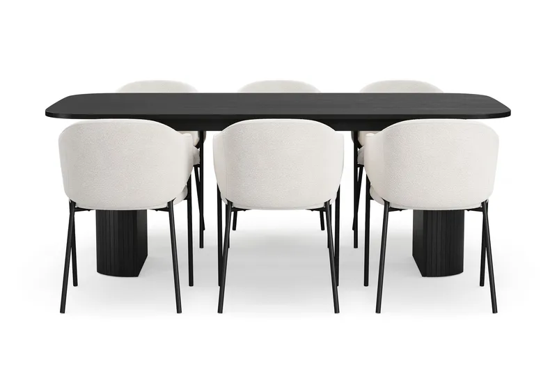 Kopparbo Matbord 200 cm med 6 Filip Matstolar - Svart / Vit Bouclé - Products - Möbler - Bord & matgrupp - Matgrupp