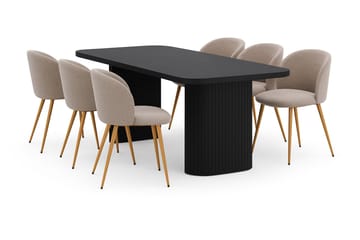 Kopparbo Matbord 200 cm med 6 Greya Matstolar med armstöd - Svart / Greige Bouclé / Metallben Ek - Products - Möbler - Bord & matgrupp - Matgrupp