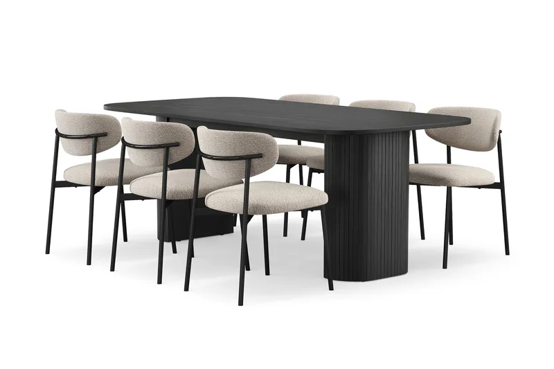 Kopparbo Matbord 200 cm med 6 Lucy Matstolar - Svart / Greige Bouclé / Metallben Svart - Products - Möbler - Bord & matgrupp - Matgrupp