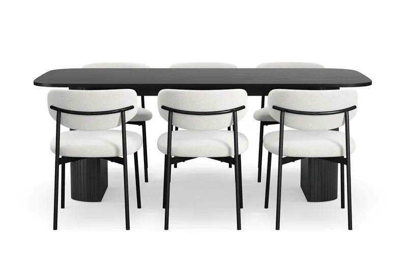 Kopparbo Matbord 200 cm med 6 Lucy Matstolar - Svart / Vit Bouclé / Metallben Svart - Products - Möbler - Bord & matgrupp - Matgrupp