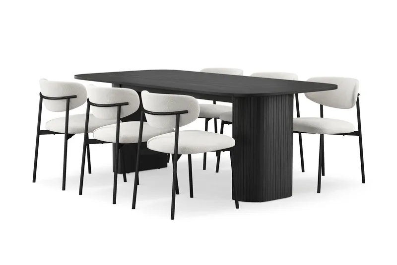 Kopparbo Matbord 200 cm med 6 Lucy Matstolar - Svart / Vit Bouclé / Metallben Svart - Products - Möbler - Bord & matgrupp - Matgrupp