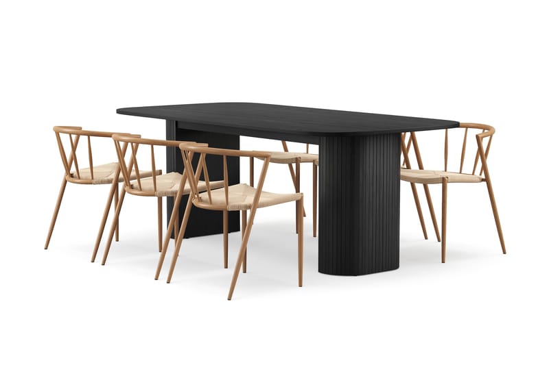 Kopparbo Matbord 200 cm med 6 Winston Matstolar - Svart / Beige / Metallben Ek - Products - Möbler - Bord & matgrupp - Matgrupp