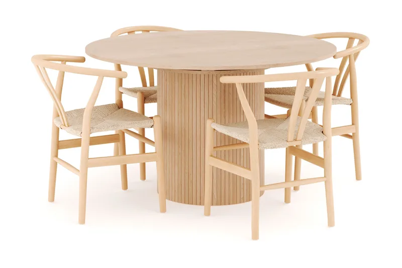 Kopparbo Matgrupp 130 cm Rund Förlängningsbart med 4 Dastoori Matstolar - Whitewash - Products - Möbler - Bord & matgrupp - Matgrupp