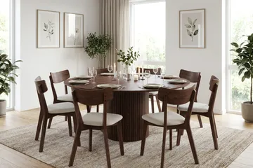 Kopparbo Matgrupp 180 cm runt i Valnöt med 8 Amelia Matstolar med Dyna - Valnöt - Products - Möbler - Bord & matgrupp - Matgrupp