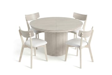 Kopparbo Matgrupp Förlängningsbart runt 120-220 cm Vitlaserad med 4 Amelia Matstolar med Dyna - Vitlaserad/Beige - Products - Möbler - Bord & matgrupp - Matgrupp