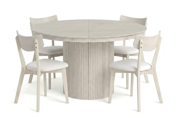 Kopparbo Matgrupp Förlängningsbart runt 120-220 cm Vitlaserad med 4 Amelia Matstolar med Dyna - Vitlaserad/Beige - Products - Möbler - Bord & matgrupp - Matgrupp