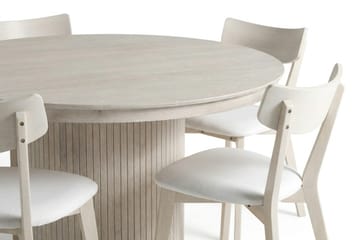 Kopparbo Matgrupp Förlängningsbart runt 120-220 cm Vitlaserad med 4 Amelia Matstolar med Dyna - Vitlaserad/Beige - Products - Möbler - Bord & matgrupp - Matgrupp