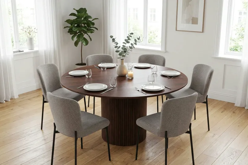 Kopparbo Matgrupp runt 150 cm Valnöt med 6 Elsie Matstolar - Valnöt/Ljusgrå - Products - Möbler - Bord & matgrupp - Matgrupp