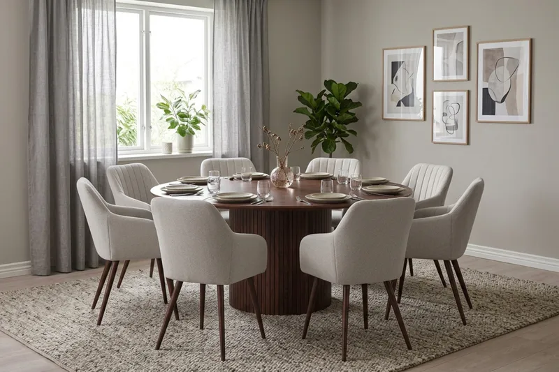 Kopparbo Matgrupp runt 180 cm Valnöt med 8 Filippa Matstolar - Valnöt - Products - Möbler - Bord & matgrupp - Matgrupp