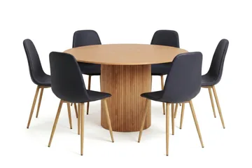 Kopparbo Rund Matgrupp 130 cm – Matbord med 6 Nibe Matstolar i Trä med Ekutseende - Natur - Products - Möbler - Bord & matgrupp - Matgrupp