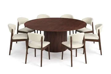 Kopparbo Rund Matgrupp 180 cm – Matbord med 8 Nala Matstolar i Trä med Valnötsutseende - Brun|Beige - Products - Möbler - Bord & matgrupp - Matgrupp