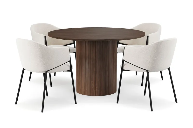Kopparbo Runt Matbord 120 cm med 4 Filip Matstolar - Mörkbrun / Vit Bouclé - Products - Möbler - Bord & matgrupp - Matgrupp