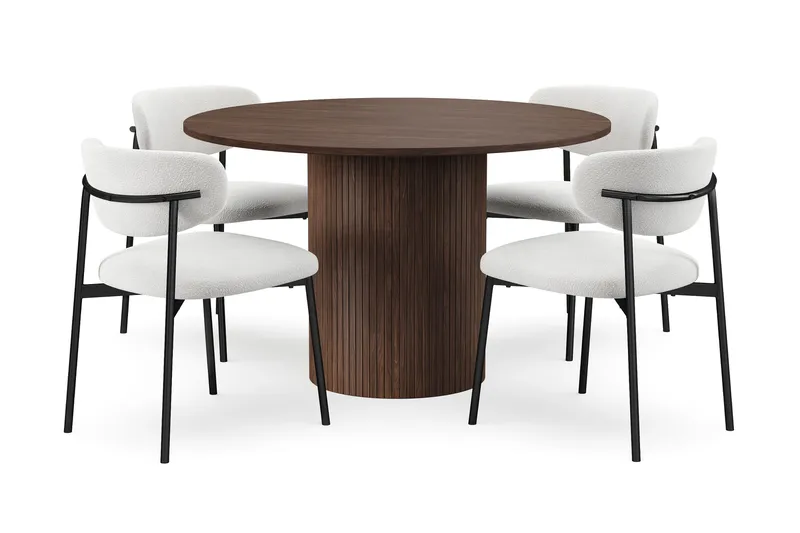 Kopparbo Runt Matbord 120 cm med 4 Lucy Matstolar - Mörkbrun / Vit Bouclé / Metallben Svart - Products - Möbler - Bord & matgrupp - Matgrupp