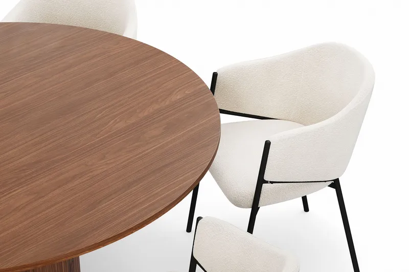 Kopparbo Runt Matbord 150 cm med 6 Filip Matstolar - Valnöt / Vit Bouclé - Products - Möbler - Bord & matgrupp - Matgrupp