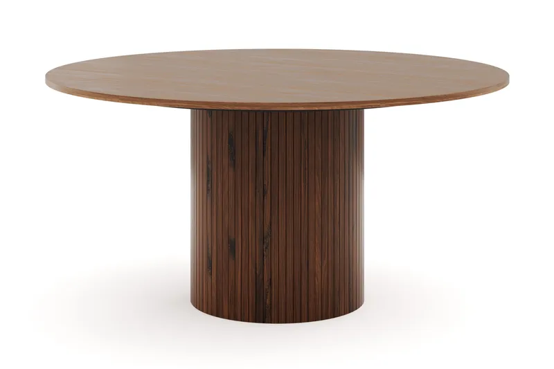 Kopparbo Runt Matbord 150 cm med 6 Katy Matstolar - Valnöt / Greige Bouclé / Metallben Svart - Products - Möbler - Bord & matgrupp - Matgrupp