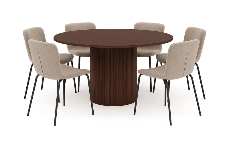 Kopparbo Runt Matbord 150 cm med 6 Katy Matstolar, Valnöt / Greige Bouclé / Metallben Svart