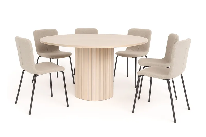 Kopparbo Runt Matbord 150 cm med 6 Katy Matstolar - Vit / Greige Bouclé / Metallben Svart - Products - Möbler - Bord & matgrupp - Matgrupp
