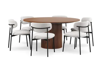 Kopparbo Runt Matbord 150 cm med 6 Lucy Matstolar - Valnöt / Vit Bouclé / Metallben Svart - Products - Möbler - Bord & matgrupp - Matgrupp