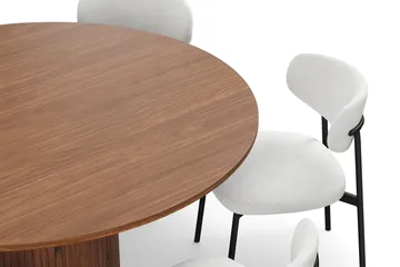 Kopparbo Runt Matbord 150 cm med 6 Lucy Matstolar - Valnöt / Vit Bouclé / Metallben Svart - Products - Möbler - Bord & matgrupp - Matgrupp