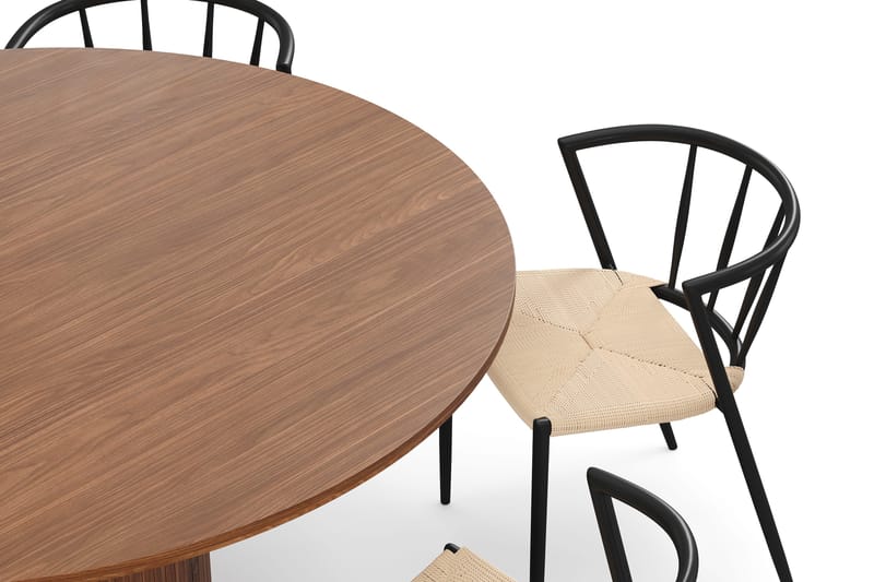 Kopparbo Runt Matbord 150 cm med 6 Winston Matstolar - Valnöt / Beige / Metallben Svart - Products - Möbler - Bord & matgrupp - Matgrupp