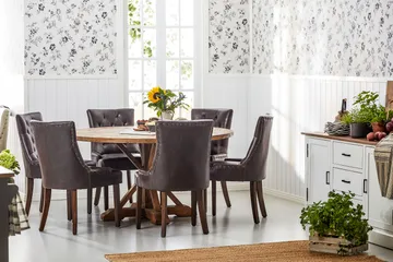 Lyon Matgrupp 150 cm Rund Mörkt trä med 6 Tuva Stolar - Vintage Alm / Brun Pu - Products - Möbler - Bord & matgrupp - Matgrupp