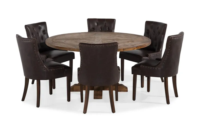 Lyon Matgrupp 150 cm Rund Mörkt trä med 6 Tuva Stolar - Vintage Alm / Brun Pu - Products - Möbler - Bord & matgrupp - Matgrupp