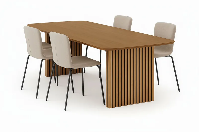 Richeto Matbord 240 cm med 4 Katy Matstolar - Naturlig finish / Greige Bouclé / Metallben Svart - Products - Möbler - Bord & matgrupp - Matgrupp