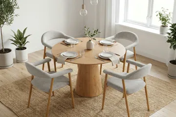 Siena Matgrupp runt 110 cm Ek med 4 Ronja Matstolar - Sand/Ek - Products - Möbler - Bord & matgrupp - Matgrupp