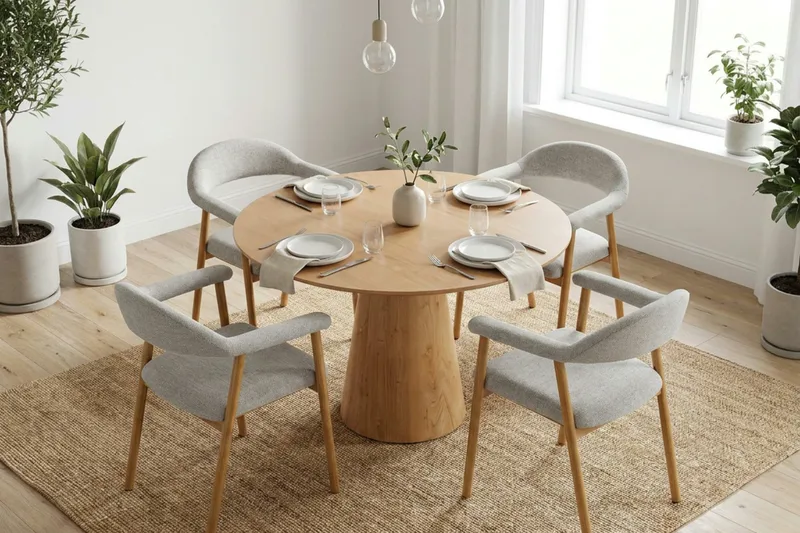 Siena Matgrupp runt 110 cm Ek med 4 Ronja Matstolar - Sand/Ek - Products - Möbler - Bord & matgrupp - Matgrupp