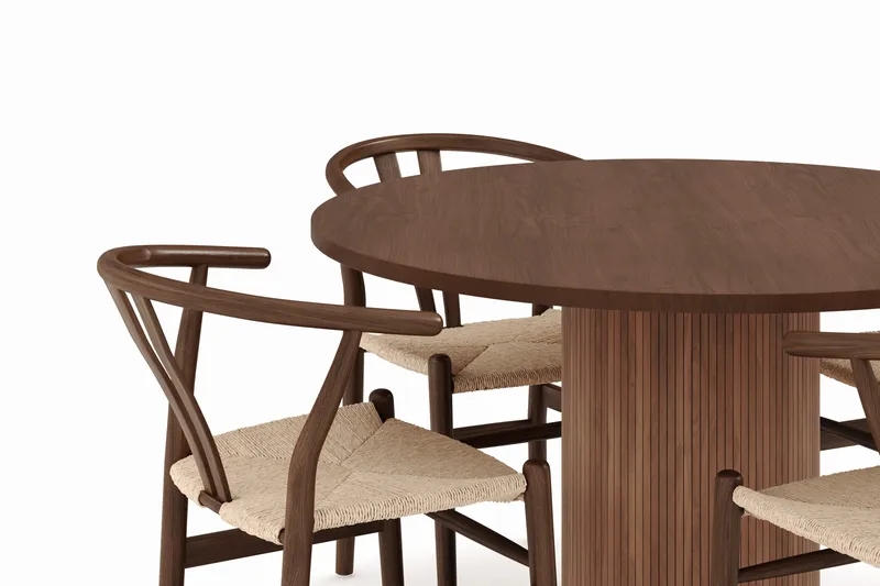 Noira Matgrupp 120 cm Massiv Valnöt Rund med 4 Dastoori Matstol - 2220070-4,2098428-1 - Brun / Beige / Valnöt - Products - Möbler - Bord & matgrupp - Matgrupp
