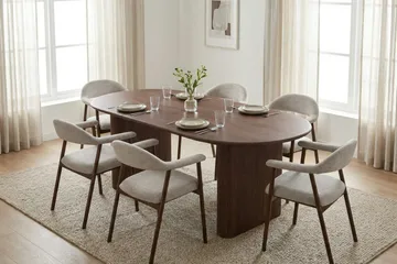 Noira Matgrupp 160-220 cm förlängningsbart i Valnöt med 6 Ronja Matstolar - Sand/Valnöt - Products - Möbler - Bord & matgrupp - Matgrupp