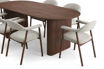 Noira Matgrupp 160-220 cm förlängningsbart i Valnöt med 6 Ronja Matstolar - Sand/Valnöt - Products - Möbler - Bord & matgrupp - Matgrupp