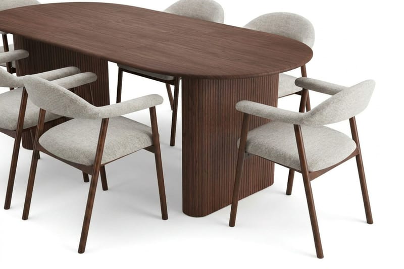 Noira Matgrupp 160-220 cm förlängningsbart i Valnöt med 6 Ronja Matstolar - Sand/Valnöt - Products - Möbler - Bord & matgrupp - Matgrupp