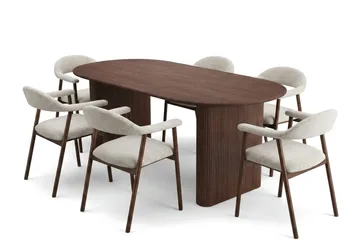 Noira Matgrupp 160-220 cm förlängningsbart i Valnöt med 6 Ronja Matstolar - Sand/Valnöt - Products - Möbler - Bord & matgrupp - Matgrupp