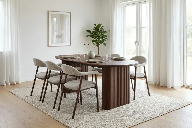 Noira Matgrupp 180 cm rektangulärt i Valnöt med 6 Ronja Matstolar - Sand/Valnöt - Products - Möbler - Bord & matgrupp - Matgrupp