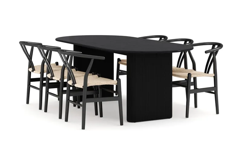 Noira Matgrupp 220 cm Massiv Ek med 6 Dastoori Matstolar - Svart - Products - Möbler - Bord & matgrupp - Matgrupp