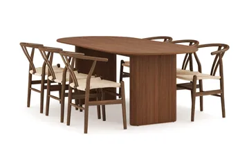 Noira Matgrupp 220 cm Massiv Valnöt med 6 Dastoori Matstolar - Ribbad / Natur / Mörkbrun / Brunt Trä - Products - Möbler - Bord & matgrupp - Matgrupp