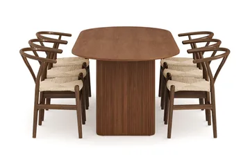 Noira Matgrupp 220 cm Massiv Valnöt med 6 Dastoori Matstolar - Ribbad / Natur / Mörkbrun / Brunt Trä - Products - Möbler - Bord & matgrupp - Matgrupp