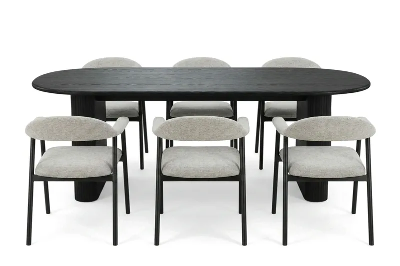 Noira Matgrupp 220 cm rektangulärt i Svart med 6 Ronja Matstolar - Beige/Svart - Products - Möbler - Bord & matgrupp - Matgrupp