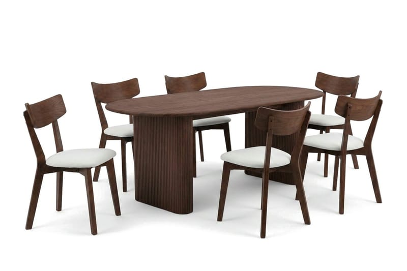 Noira Matgrupp 220 cm rektangulärt i Valnöt med 6 Amelia Matstolar med Dyna - Valnöt/Beige - Products - Möbler - Bord & matgrupp - Matgrupp
