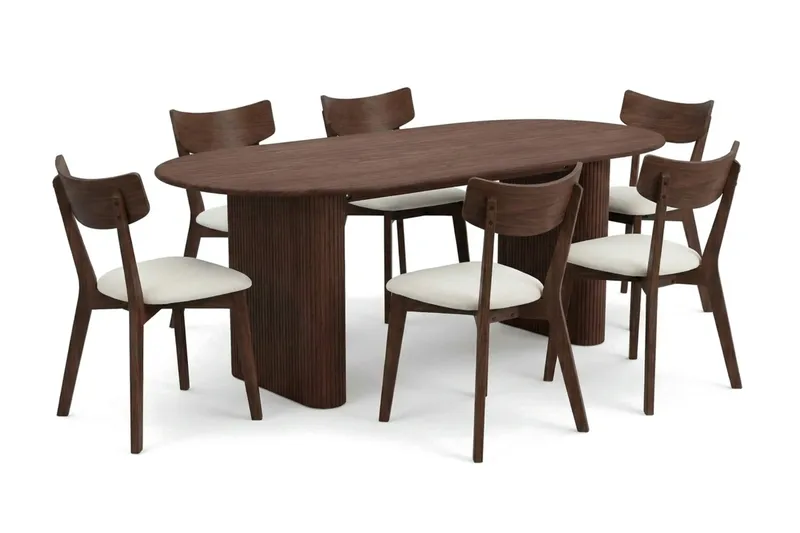 Noira Matgrupp 220 cm rektangulärt i Valnöt med 6 Amelia Matstolar med Dyna - Valnöt/Beige - Products - Möbler - Bord & matgrupp - Matgrupp