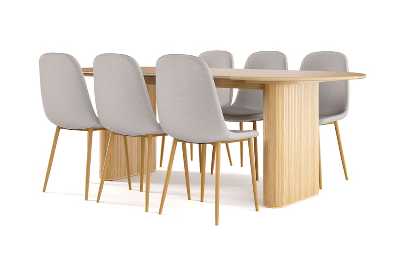 Noira Ovalt Matbord 220 cm EK +  6 st Nibe stol grå med ek ben, Natur/Grå