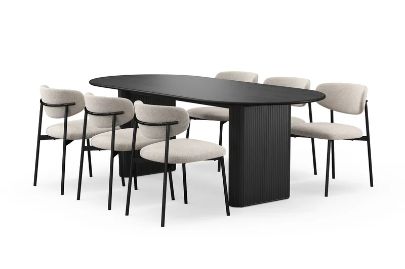 Noira Ovalt Matbord 220 cm med 6 Lucy Matstolar - Svart / Greige Bouclé / Metallben Svart - Products - Möbler - Bord & matgrupp - Matgrupp