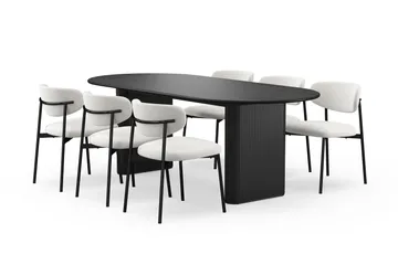 Noira Ovalt Matbord 220 cm med 6 Lucy Matstolar - Svart / Vit Bouclé / Metallben Svart - Products - Möbler - Bord & matgrupp - Matgrupp