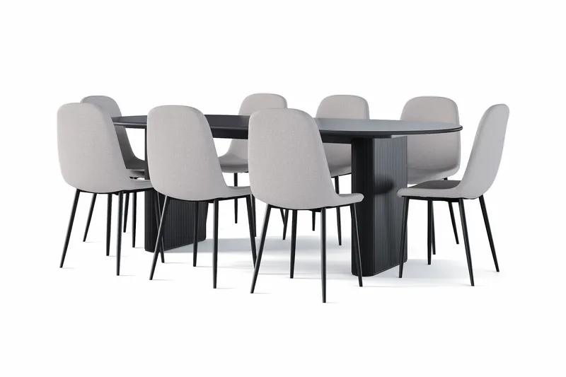 Noira Ovalt Matbord 220 cm Svart +  8 st Nibe stol grå med svarta ben - Svart/Grå - Products - Möbler - Bord & matgrupp - Matgrupp
