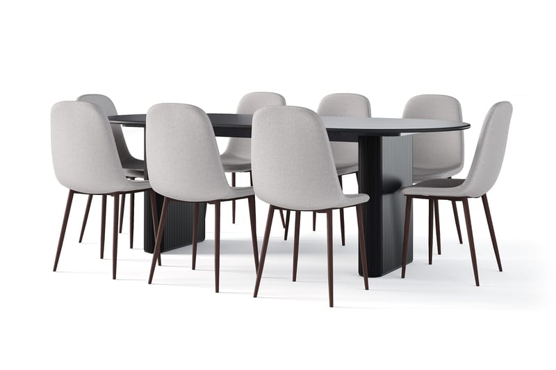 Noira Ovalt Matbord 220 cm Svart +  8 st Nibe stol grå med valnöt ben - Svart/Grå - Products - Möbler - Bord & matgrupp - Matgrupp