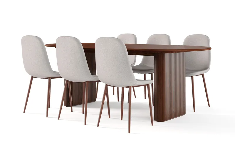 Noira Ovalt Matbord 220 cm Valnöt +  6 st Nibe stol beige med valnöt ben - Brun/Beige - Products - Möbler - Bord & matgrupp - Matgrupp