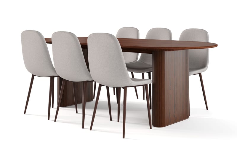 Noira Ovalt Matbord 220 cm Valnöt +  6 st Nibe stol grå med valnöt ben - Brun/Grå - Products - Möbler - Bord & matgrupp - Matgrupp