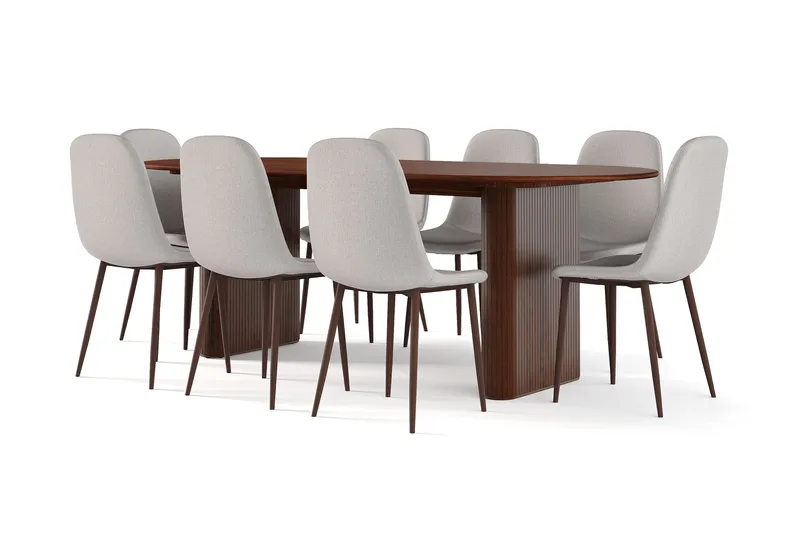 Noira Ovalt Matbord 220 cm Valnöt +  8 st Nibe stol grå med valnöt ben - Brun/Grå - Products - Möbler - Bord & matgrupp - Matgrupp