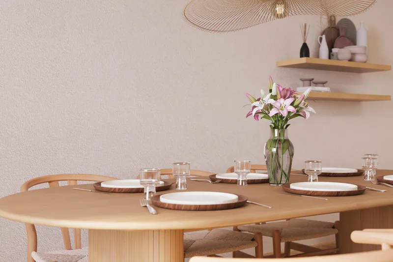 Noira Ovalt Matgrupp 220 cm med 6 Dastoori Matstol - 2220068-6,2098439-1 - Natur - Products - Möbler - Bord & matgrupp - Matgrupp